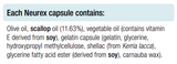 Supplement facts for Neurex 60 Capsules listing ingredients including Carnauba Wax, Glycine, Hydroxypropyl Methylcellulose, Olive oil, Soy (Glycine max)