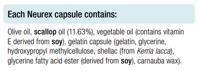 Supplement facts for Neurex 60 Capsules listing ingredients including Carnauba Wax, Glycine, Hydroxypropyl Methylcellulose, Olive oil, Soy (Glycine max)