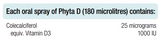 Supplement facts for Phyta D 50ml Spray listing ingredients including Cholecalciferol, Vitamin D3, Vitamin D3 (cholecalciferol)