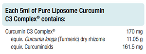 Supplement facts for Pure Liposome Curcumin C3 Complex 100ml listing ingredients including Curcuma Longa, Curcumin, Curcuminoid Powder, Turmeric (Curcuma longa)