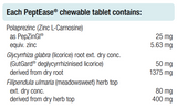 Supplement facts for PeptEase 60 Chewable Tablets listing ingredients including Carnosine, Carnosine (L-Carnosine), Filipendula Ulmaria, Glycyrrhiza glabra, Licorice