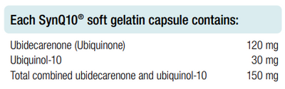 Supplement facts for SynQ10 60 Capsules listing ingredients including Coenzyme Q10 (ubiquinol), Coenzyme Q10 (ubiquinone)