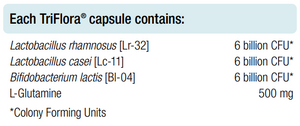 Supplement facts for TriFlora 60 Capsules listing ingredients including Bifidobacterium, Bifidobacterium lactis, Glutamine (L-Glutamine), Lactobacillus, Lactobacillus casei