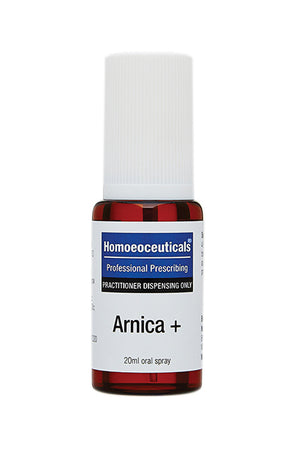 A supplement container of Arnica + Spray 20ml by BioMedica Homoeoceuticals