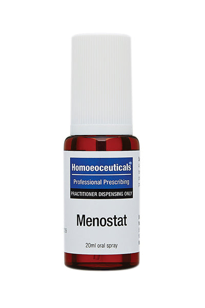 A supplement container of Menostat Spray 20ml by BioMedica Homoeoceuticals