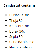 Supplement facts for Candastat Spray 20ml listing ingredients including Borax, Pasqueflower (Pulsatilla pratensis), Sepia (Sepia officinalis)