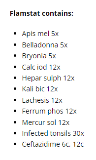 Supplement facts for Flamstat Spray 20ml listing ingredients including White Bryony