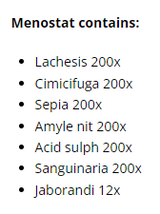 Supplement facts for Menostat Spray 20ml listing ingredients including Bloodroot (Sanguinaria canadensis), Cimicifuga Racemosa, Jaborandi, Sepia (Sepia officinalis)