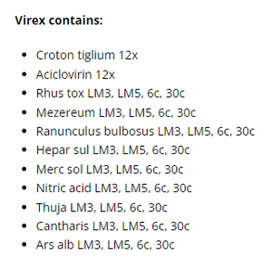 Supplement facts for Virex Spray 20ml listing ingredients including Arsenicum Album, Cantharis, Daphne Mezereum, Hepar Sulphuris Calcareum, Mercurius Solubilis