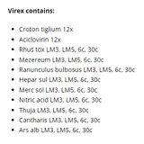 Supplement facts for Virex Spray 20ml listing ingredients including Arsenicum Album, Cantharis, Daphne Mezereum, Hepar Sulphuris Calcareum, Mercurius Solubilis