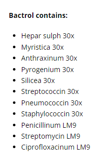 Supplement facts for Bactrol Spray 20ml listing ingredients including Collodial Anhydrous Silica, Myristica fragrans