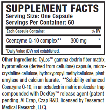 Supplement facts for CoQ10 Pro listing ingredients including Co-Enzyme Q-10, Dextrin, Fiber