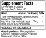 Supplement facts for Resveratrol listing ingredients including Grape (Vitis vinifera), Japanese Knotweed Extract, Resveratrol trans-form