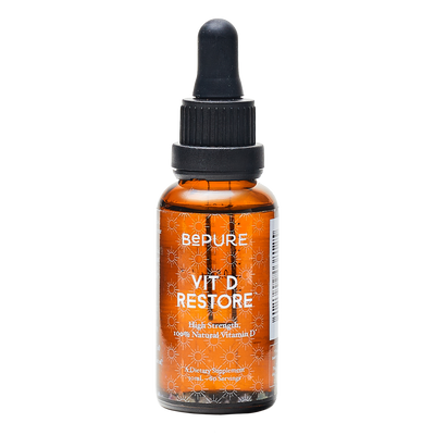 A supplement container of Vit D Restore Liquid by Be Pure