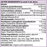 Text listing the ingredients including Biotin, Calcium pantothenate, Levomefolate calcium, Mecobalamin, Nicotinamide, Pyridoxal 5 phosphate monohydrate, riboflavin sodium phosphate, thiamine hydrochloride