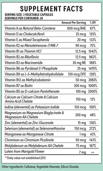 Supplement facts for Take Me With The Pill listing ingredients including Beta carotene, Biotin, Calcium, Calcium Pantothanate, Calcium amino acid chelate