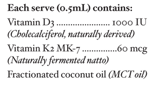 Supplement facts for Vit D Restore Liquid listing ingredients including Cholecalciferol, Coconut oil, Mct oil, Natto, Vitamin D3