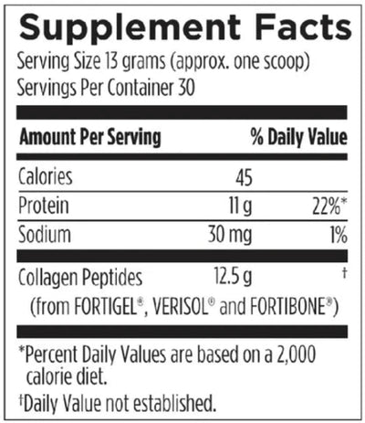 Text describing the ingredients; Collagen Peptides (from Fortigel, Verisol and Fortibone).