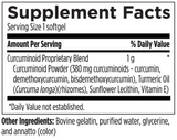 Text describing the ingredients: Curuminoid Proprietary Blend: Curcuminoid powder (380 mg curcuminoids - curcumin, demethoxycurcumin, bisdemethoxycurcumin), Turmeric Oil (Curcuma longa) (rhizomes), Sunflower Lecithin, Vitamin E)