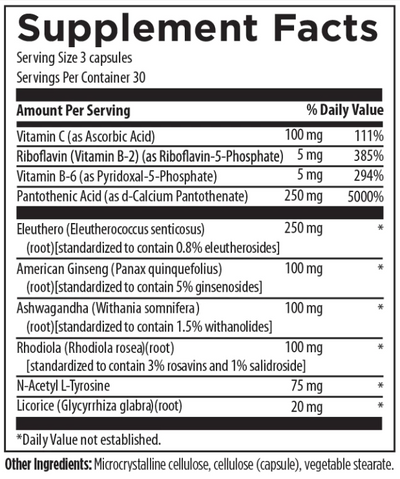 Text listing the ingredients including Vitamin C, Riboflavin, Vitamin B2, Riboflavin-5-Phosphate, Vitamin b6, P5p, Pyridoxal-5-Phosphate, Pantothenic acid, D-calcium Pantothenate, Eleuthero, Eleutherorcoccus senticosus, American Ginseng, Panax quinquefolius, Ashwagandha, Withania Somnifera, Rhodiola, Rhodiola Rosea, N-Acetyl L-Tyrosine, Licorice, Glycyrrhiza Glabra