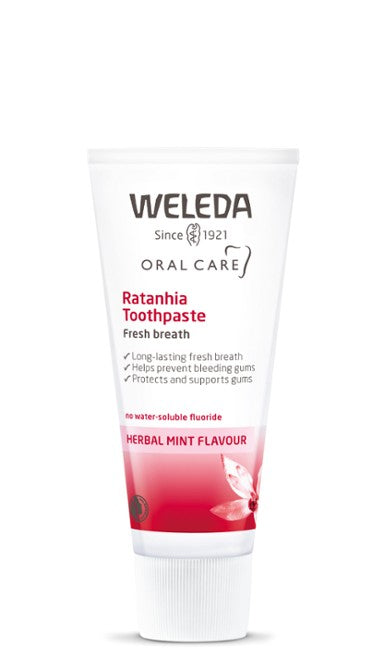 A supplement container of Ratanhia Toothpaste by Weleda