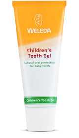 A supplement container of Children's Tooth Gel by Weleda