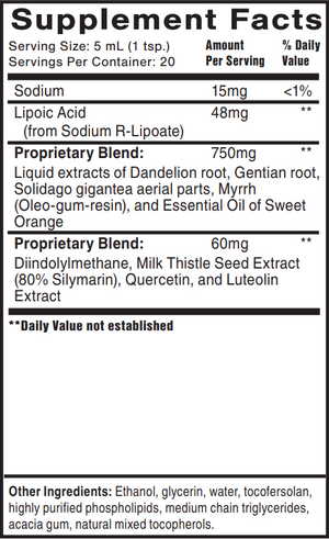 Supplement facts for Liver Sauce listing ingredients including DIM, Dandelion, Diindolylmethane, Gentian Extract, Lipoic acid
