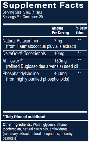 Supplement facts for Membrane Mend listing ingredients including Astaxanthin, Deltagold Tocotrienols Vitamin E, Haematococcus pluvialis, Phosphatidylcholine