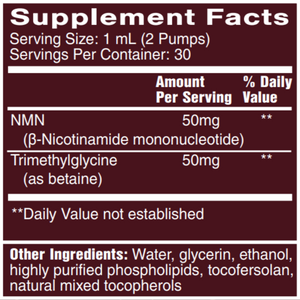 Ingredients: NMN 50mg, Trimethylglycine 50mg, and other ingredients including water, glycerin, ethanol, phospholipids, tocopherols, and tocophergerols.