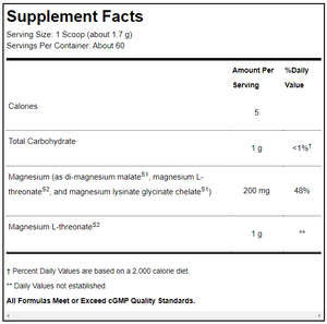 Text listing the ingredients including Magnesium, di-magnesium malate, malate, L-threonate, Lysinate, Glycinate.