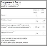 Text listing the ingredients including Magnesium, di-magnesium malate, malate, L-threonate, Lysinate, Glycinate.