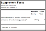Supplement facts for Ashwagandha 35 60 Capsules listing ingredients including Ashwagandha, Ashwagandha (Withania somnifera), Withanolide glycosides