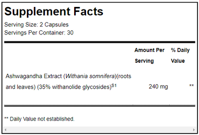 Supplement facts for Ashwagandha 35 60 Capsules listing ingredients including Ashwagandha, Ashwagandha (Withania somnifera), Withanolide glycosides