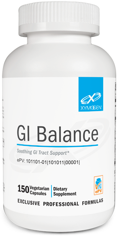 A supplement container of GI Balance 150 Capsules by Xymogen
