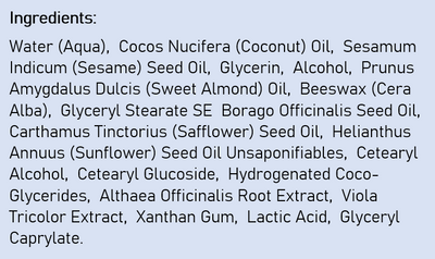 Supplement facts for White Mallow Face Cream listing ingredients including Althaea officinalis, Beeswax, Caprylic acid, Cetyl Alcohol, Coconut Oil