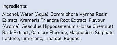 Supplement facts for Ratanhia Mouthwash Concentrate listing ingredients including Cetyl Alcohol, Commiphora myrrha, Eugenol, Helichrysum Hydrosol, Indian Frankincense Extract