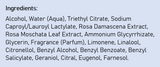 Supplement facts for Wild Rose 24h Deodorant Spray listing ingredients including Cetyl Alcohol, Eugenol, Glycine, Helichrysum Hydrosol, Indian Frankincense Extract