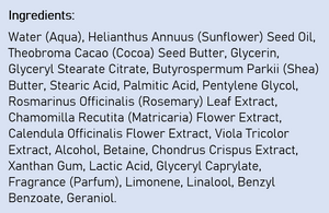 Supplement facts for Skin Food Body Butter listing ingredients including Althaea officinalis, Betaine HCI, Cacao, Calendula Extract, Caprylic acid