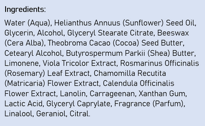 Supplement facts for Skin Food Light 75mL listing ingredients including Althaea officinalis, Beeswax, Cacao, Calendula Extract, Caprylic acid