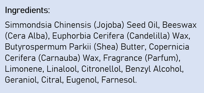 Supplement facts for Everon Lip Balm listing ingredients including Beeswax, Eugenol, Jojoba Oil, Limonene, Linalool