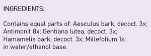 Supplement facts for Achillea Comp. listing ingredients including Gentian Lutea, Yarrow