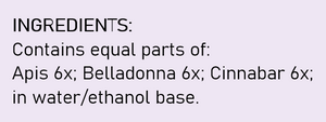 Supplement facts for Throat Relief Oral Spray listing ingredients including Apis Mellifera, Belladonna