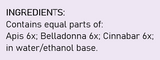 Supplement facts for Throat Relief Oral Spray listing ingredients including Apis Mellifera, Belladonna