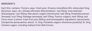 Supplement facts for Cough Elixir listing ingredients including Althaea officinalis, Citrus limon, Citrus limon oleum, Elecampane (Inula Helenium), Eriocitrin