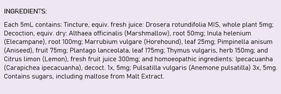 Supplement facts for Cough Elixir listing ingredients including Althaea officinalis, Citrus limon, Citrus limon oleum, Elecampane (Inula Helenium), Eriocitrin