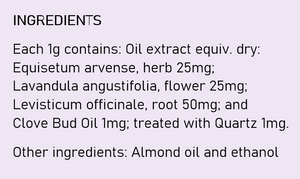 Supplement facts for Earache Relief Ear Drops listing ingredients including Angustifolia, Clove Bud Oil, Equisetum, Ethanol, Horsetail