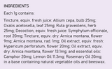 Supplement facts for Tendinitis Cream listing ingredients including Arnica montana, Beeswax, Cinnamomum Camphora, Comfrey (Symphytum Officinale), Comfrey Root