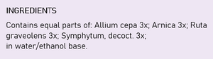 Supplement facts for Arnica/Symphytum Comp listing ingredients including Arnica montana, Comfrey (Symphytum Officinale), Onion (Allium Cepa), Ruta Graveolens