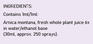 Supplement facts for Arnica 6x Oral Spray listing ingredients including Arnica montana
