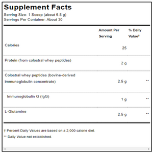 Ingredients: Protein (from colostral whey peptides), Colostral whey peptides, Immunoglubulin G, L-Glutamine.